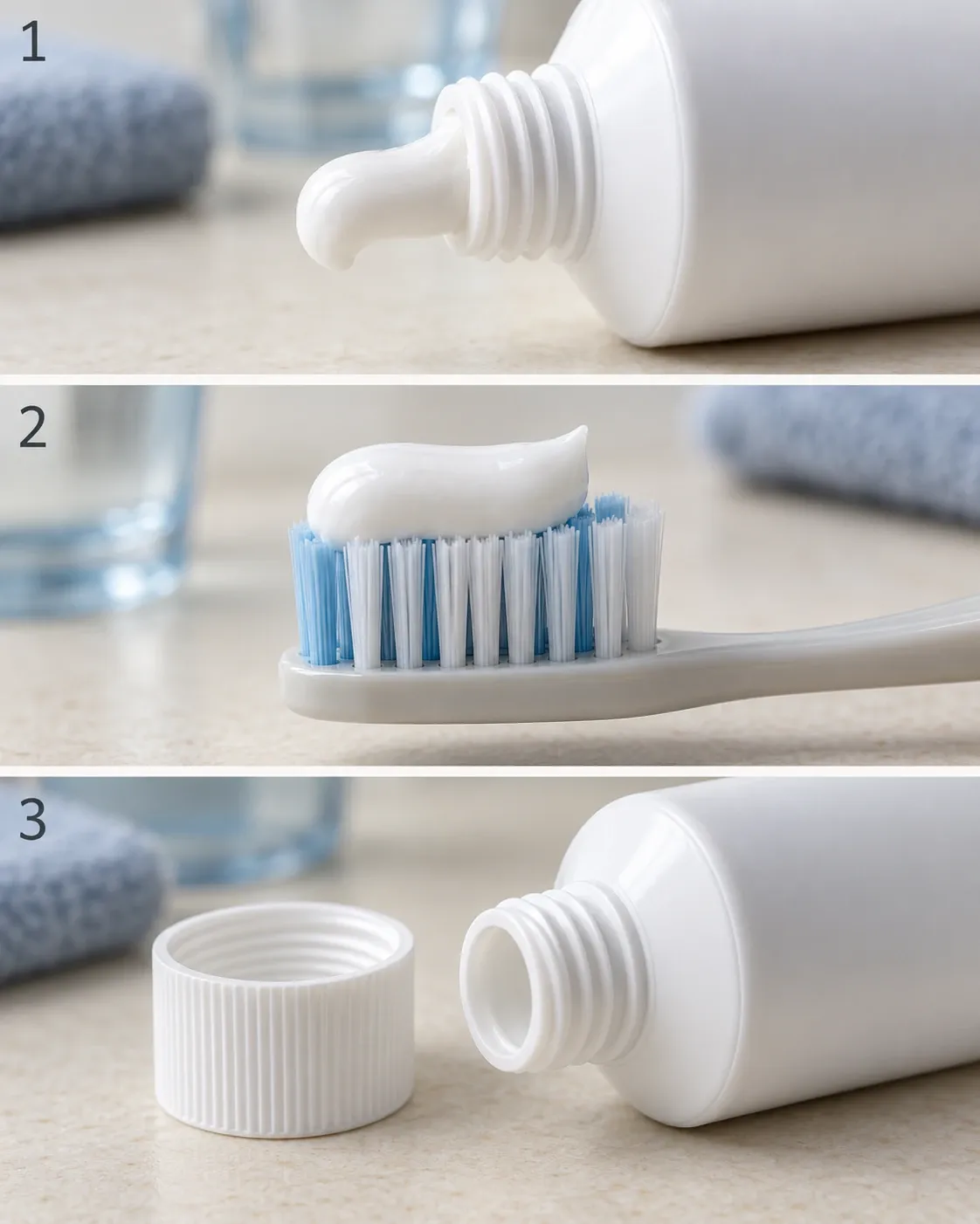 AI-generated three-panel illustration showing toothpaste at a tube nozzle, on toothbrush bristles, and the tube neck with its screw cap.