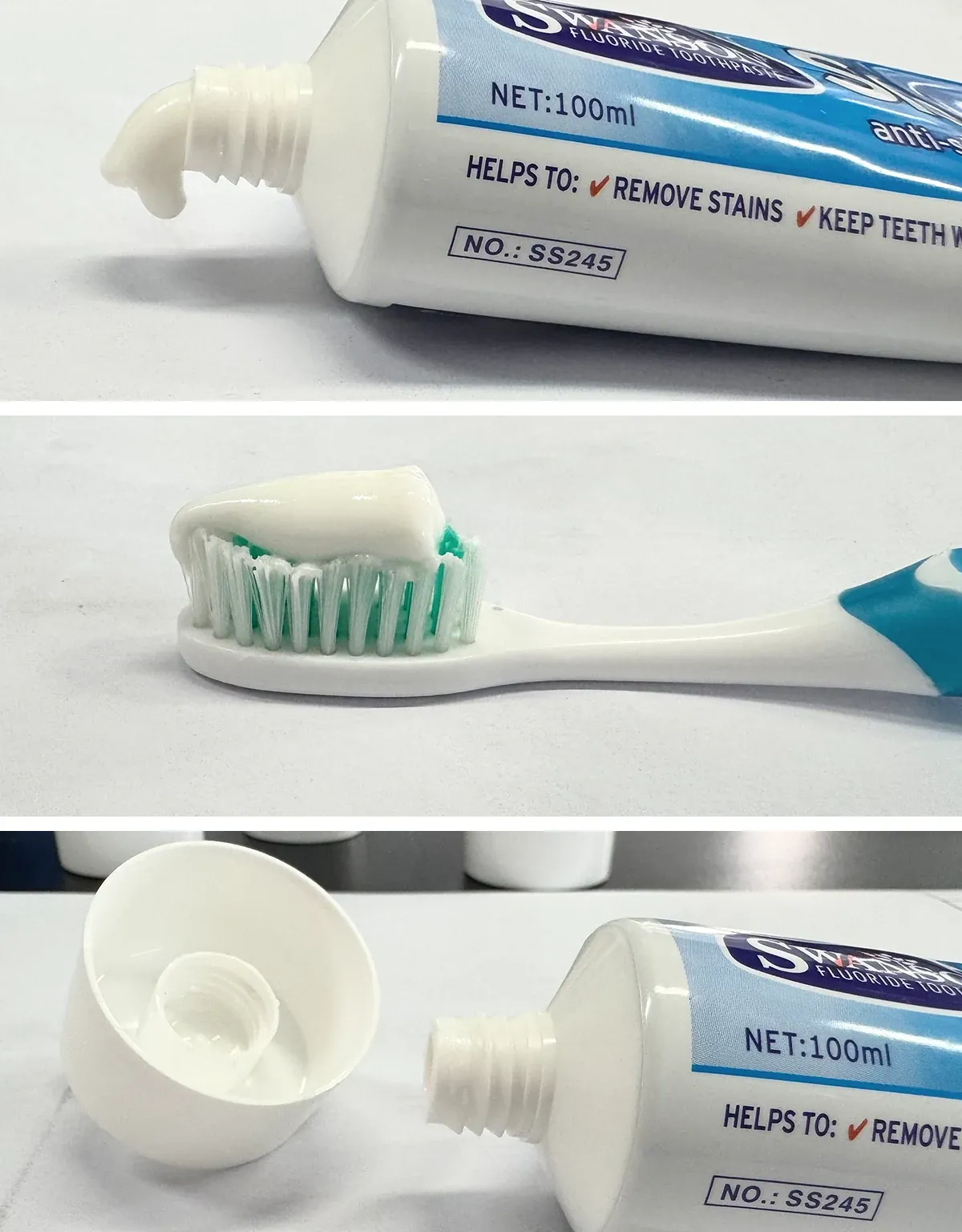 Fotografías reales de pasta dental en la boquilla de un tubo y sobre las cerdas de un cepillo, junto con una tapa abierta al lado del cuello del tubo.